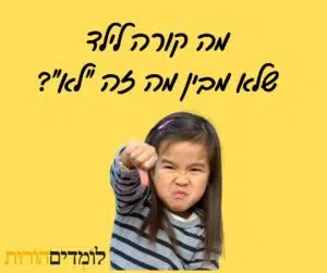 תמונה של ילדה עם הבעה זועפת, שואלת מה קורה לילד שלא מבין מה המשמעות של המילה 'לא'? על רקע צהוב.